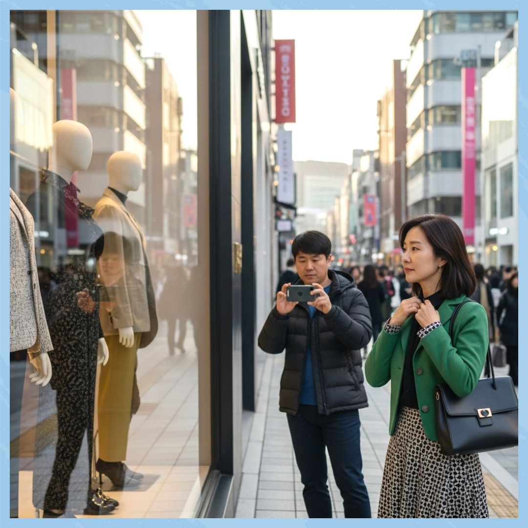 서울강남구의 밤거리, 유리창 너머 서류를 검토하며 상담 중인 인물, 차분하고 현실적인 분위기
